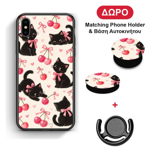 Black Kittens and Cherries on Cream - iPhone X / Xs θήκη + Δώρο Phone Holder & Βάση Αυτοκινήτου
