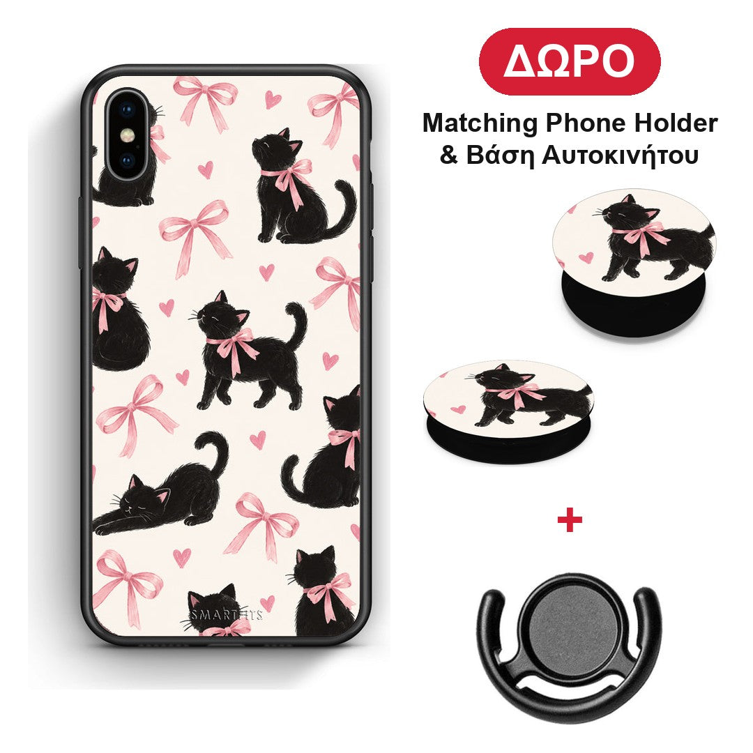 Black Kittens and Pink Bows on Cream Large - iPhone X / Xs θήκη + Δώρο Phone Holder & Βάση Αυτοκινήτου
