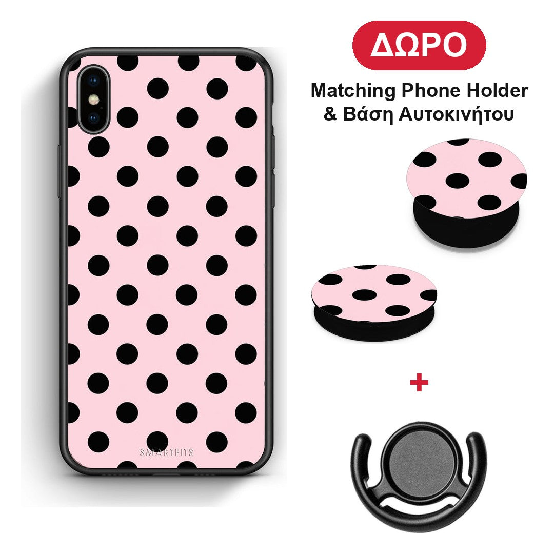Black Polka Dots on Pink - iPhone X / Xs θήκη + Δώρο Phone Holder & Βάση Αυτοκινήτου