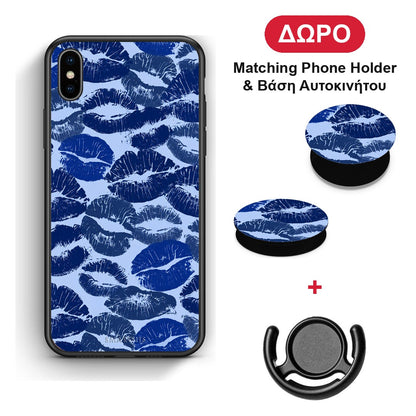Blue Lipstick Kisses - iPhone X / Xs θήκη + Δώρο Phone Holder & Βάση Αυτοκινήτου