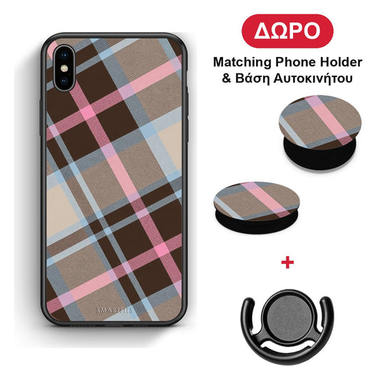 Brown Pink and Blue Diagonal Plaid - iPhone X / Xs θήκη + Δώρο Phone Holder & Βάση Αυτοκινήτου