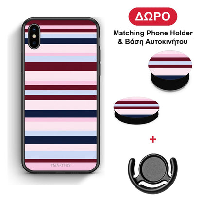 Burgundy Pink and Blue Horizontal Stripes - iPhone X / Xs θήκη + Δώρο Phone Holder & Βάση Αυτοκινήτου