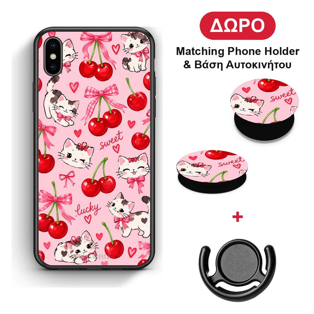 Cherries Bows and Kittens on Pink - iPhone X / Xs θήκη + Δώρο Phone Holder & Βάση Αυτοκινήτου
