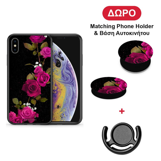 Flower Red Roses - iPhone X / Xs θήκη + Δώρο Phone Holder & Βάση Αυτοκινήτου