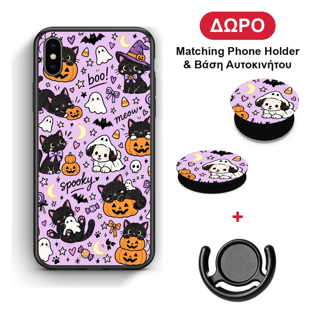 Halloween Black Cats on Lilac - iPhone X / Xs θήκη + Δώρο Phone Holder & Βάση Αυτοκινήτου