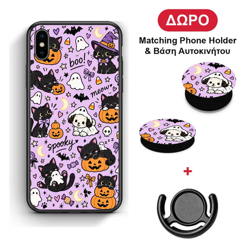 Halloween Black Cats on Lilac - iPhone X / Xs θήκη + Δώρο Phone Holder & Βάση Αυτοκινήτου