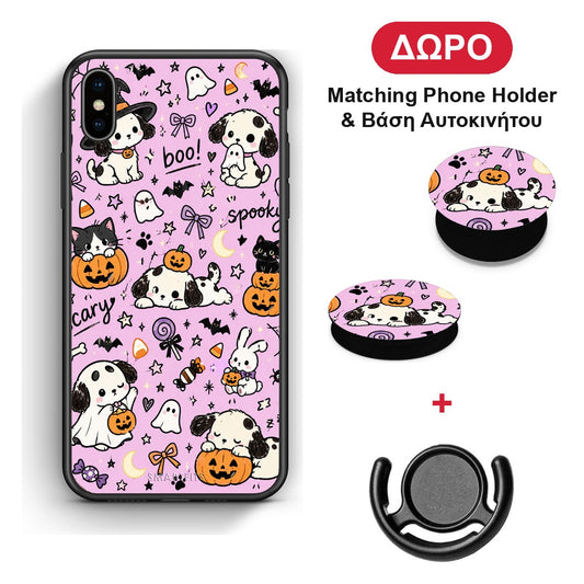 Halloween Puppies and Friends on Lilac - iPhone X / Xs θήκη + Δώρο Phone Holder & Βάση Αυτοκινήτου