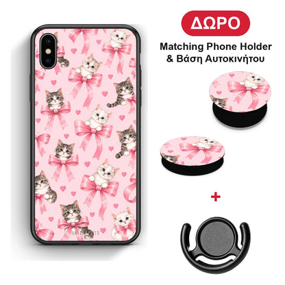 Kittens and Pink Bows on Pink - iPhone X / Xs θήκη + Δώρο Phone Holder & Βάση Αυτοκινήτου