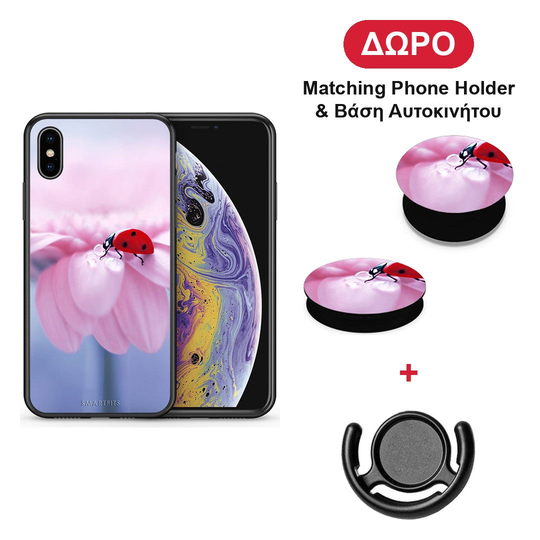 Ladybug Flower - iPhone X / Xs θήκη + Δώρο Phone Holder & Βάση Αυτοκινήτου