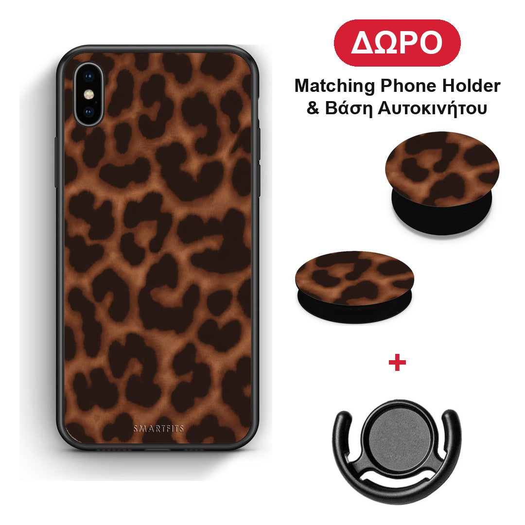 Leopard Print Dark Brown - iPhone X / Xs θήκη + Δώρο Phone Holder & Βάση Αυτοκινήτου