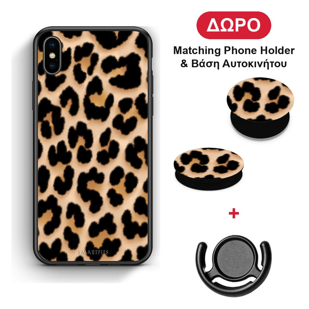 Leopard Print Tan Large - iPhone X / Xs θήκη + Δώρο Phone Holder & Βάση Αυτοκινήτου