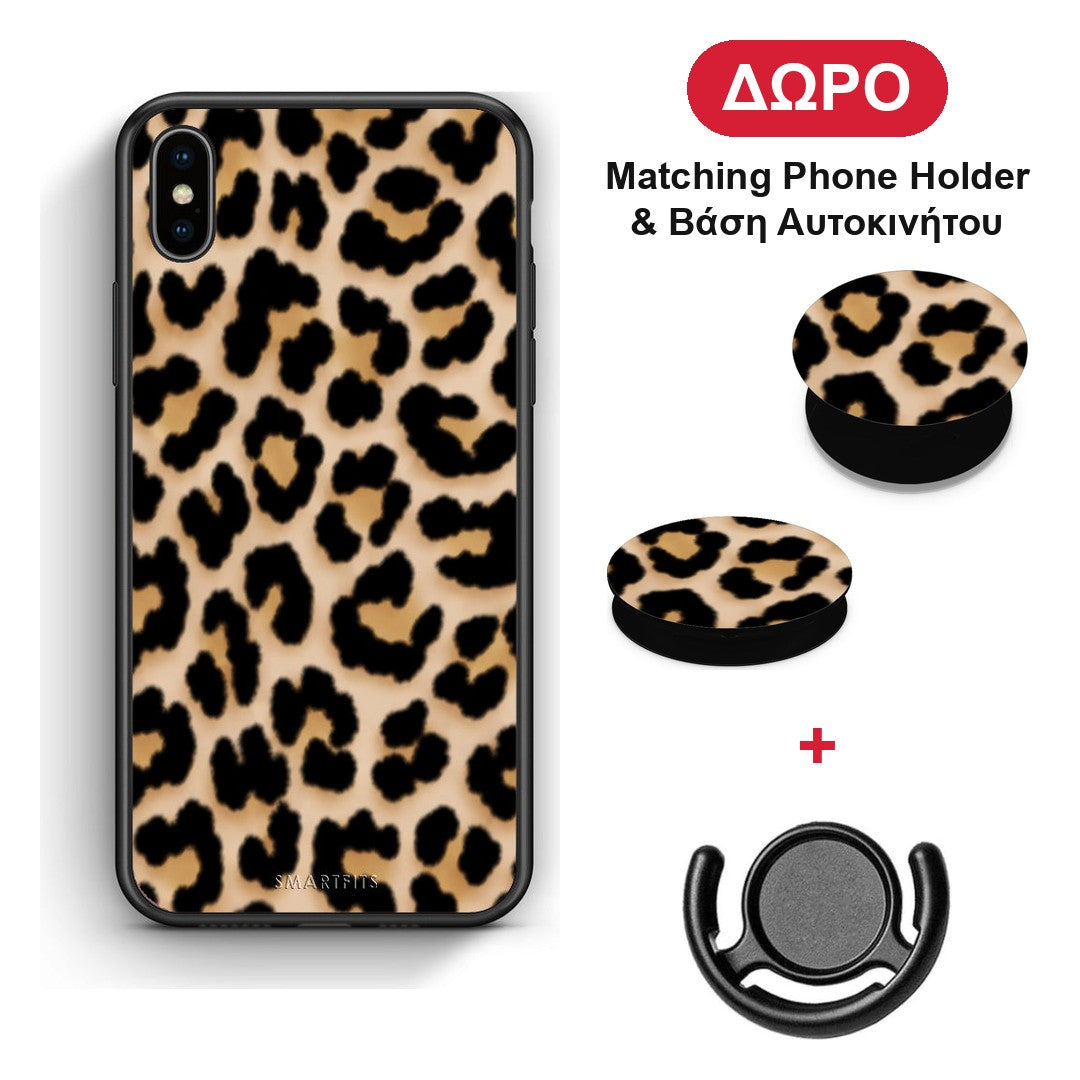 Leopard Print Tan Small - iPhone X / Xs θήκη + Δώρο Phone Holder & Βάση Αυτοκινήτου