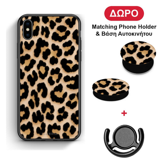 Leopard Print Tan Small - iPhone X / Xs θήκη + Δώρο Phone Holder & Βάση Αυτοκινήτου