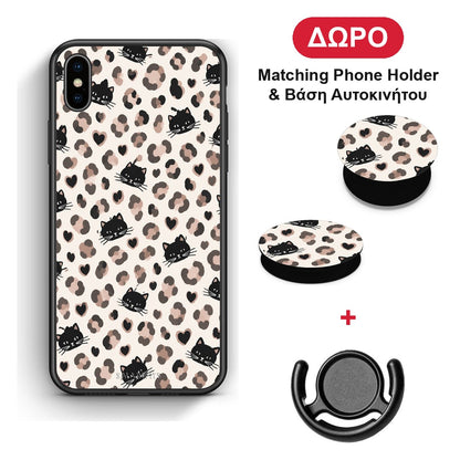 Leopard Spots and Black Cats on Cream - iPhone X / Xs θήκη + Δώρο Phone Holder & Βάση Αυτοκινήτου
