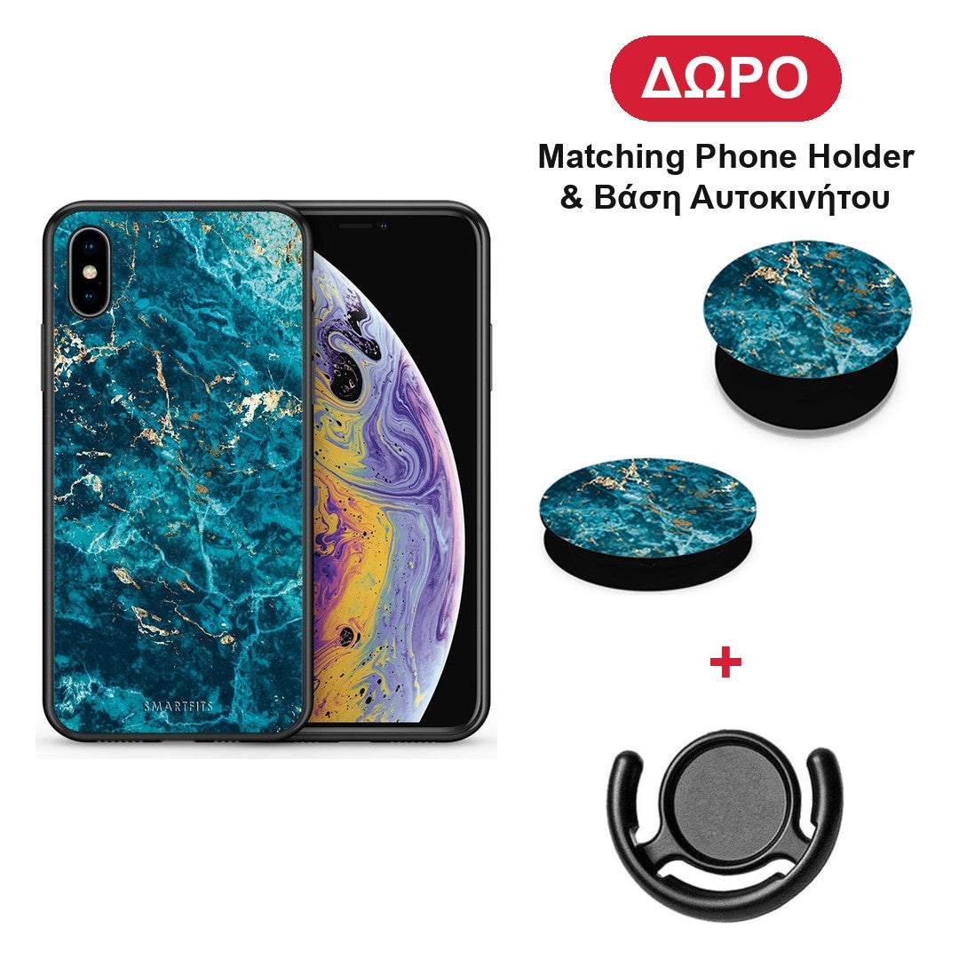 Marble Blue - iPhone X / Xs θήκη + Δώρο Phone Holder & Βάση Αυτοκινήτου