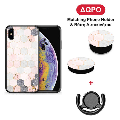 Marble Hexagon Pink - iPhone X / Xs θήκη + Δώρο Phone Holder & Βάση Αυτοκινήτου