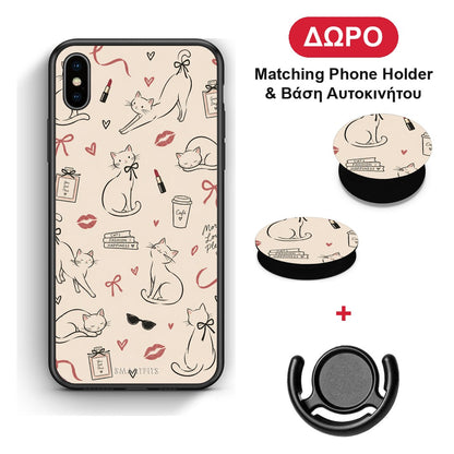 Minimal Cat and Fashion Doodles on Cream - iPhone X / Xs θήκη + Δώρο Phone Holder & Βάση Αυτοκινήτου