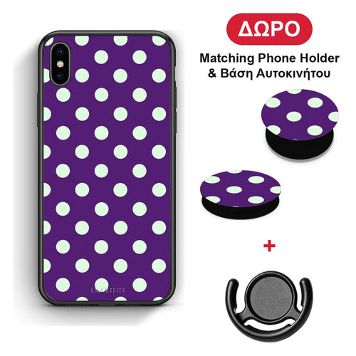 Mint Polka Dots on Purple - iPhone X / Xs θήκη + Δώρο Phone Holder & Βάση Αυτοκινήτου