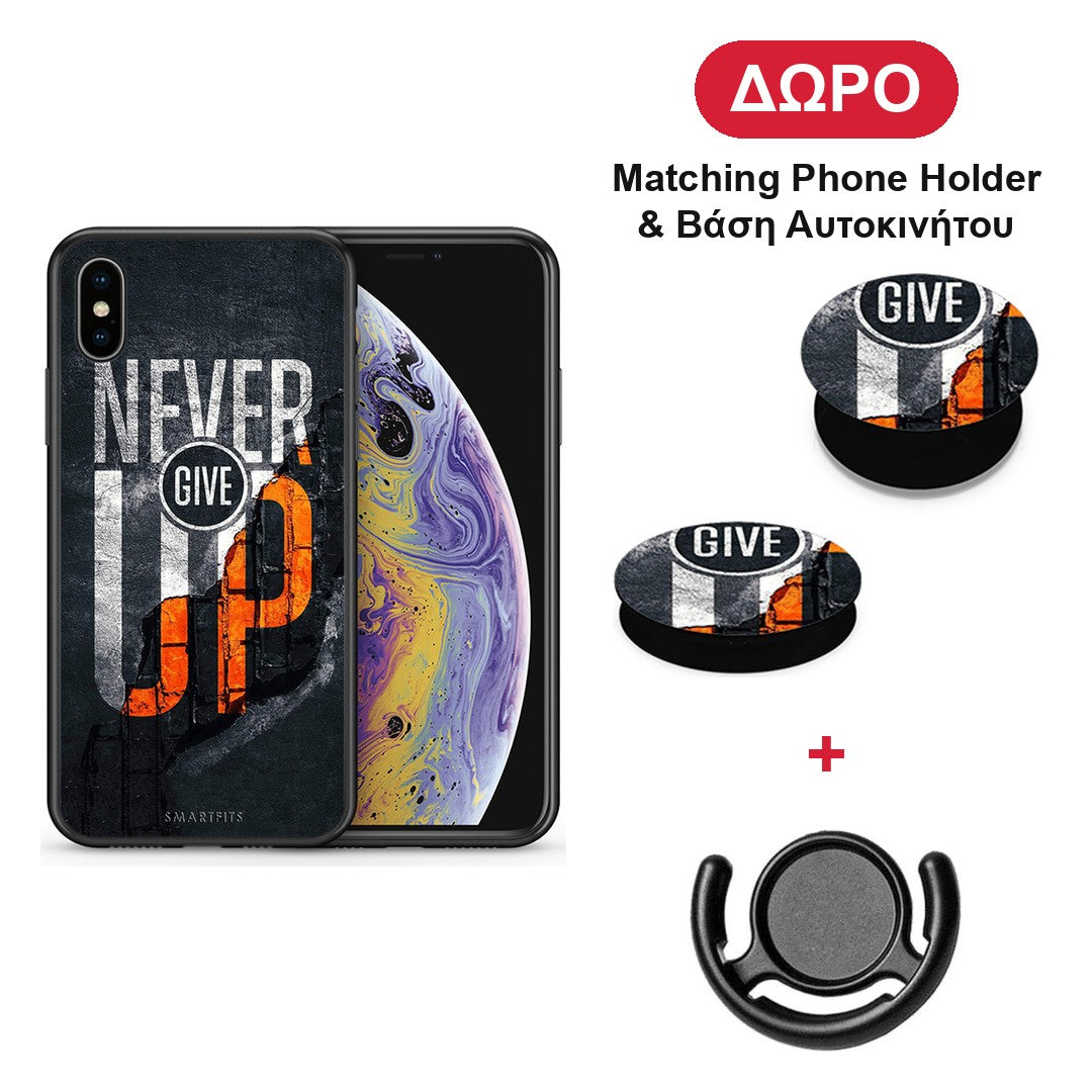 Never Give Up - iPhone X / Xs θήκη + Δώρο Phone Holder & Βάση Αυτοκινήτου