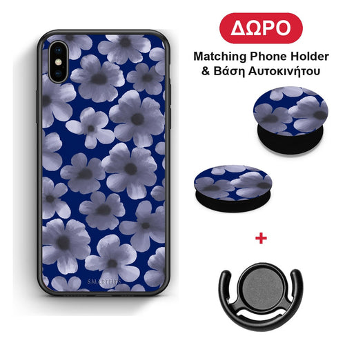 Pale Blue Flowers on Navy - iPhone X / Xs θήκη + Δώρο Phone Holder & Βάση Αυτοκινήτου