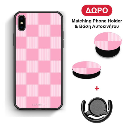 Pink and White Striped Checks - iPhone X / Xs θήκη + Δώρο Phone Holder & Βάση Αυτοκινήτου