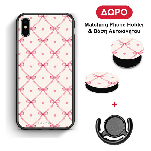 Pink Bow Lattice and Hearts on Cream - iPhone X / Xs θήκη + Δώρο Phone Holder & Βάση Αυτοκινήτου