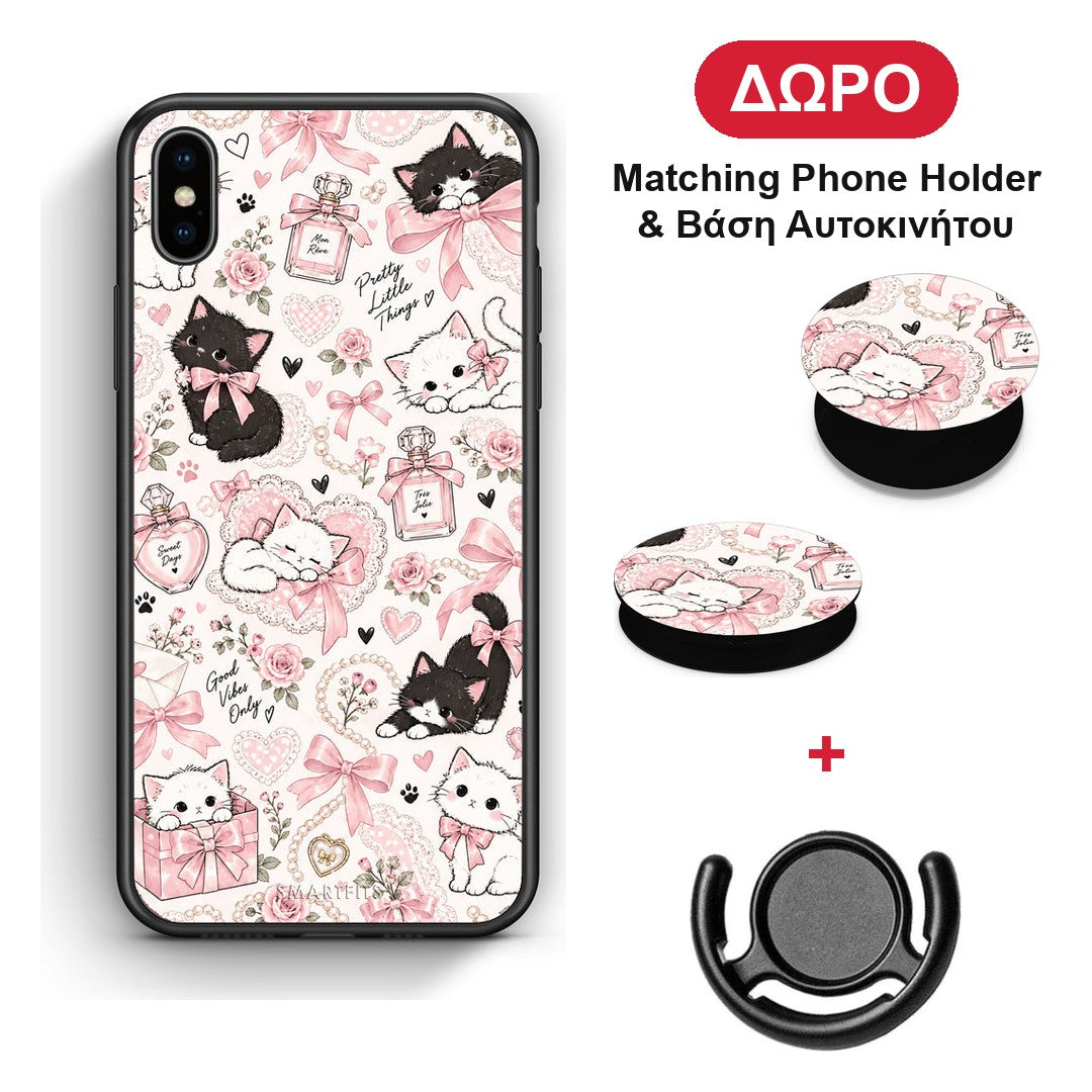 Pink Bows and Kittens Collage - iPhone X / Xs θήκη + Δώρο Phone Holder & Βάση Αυτοκινήτου