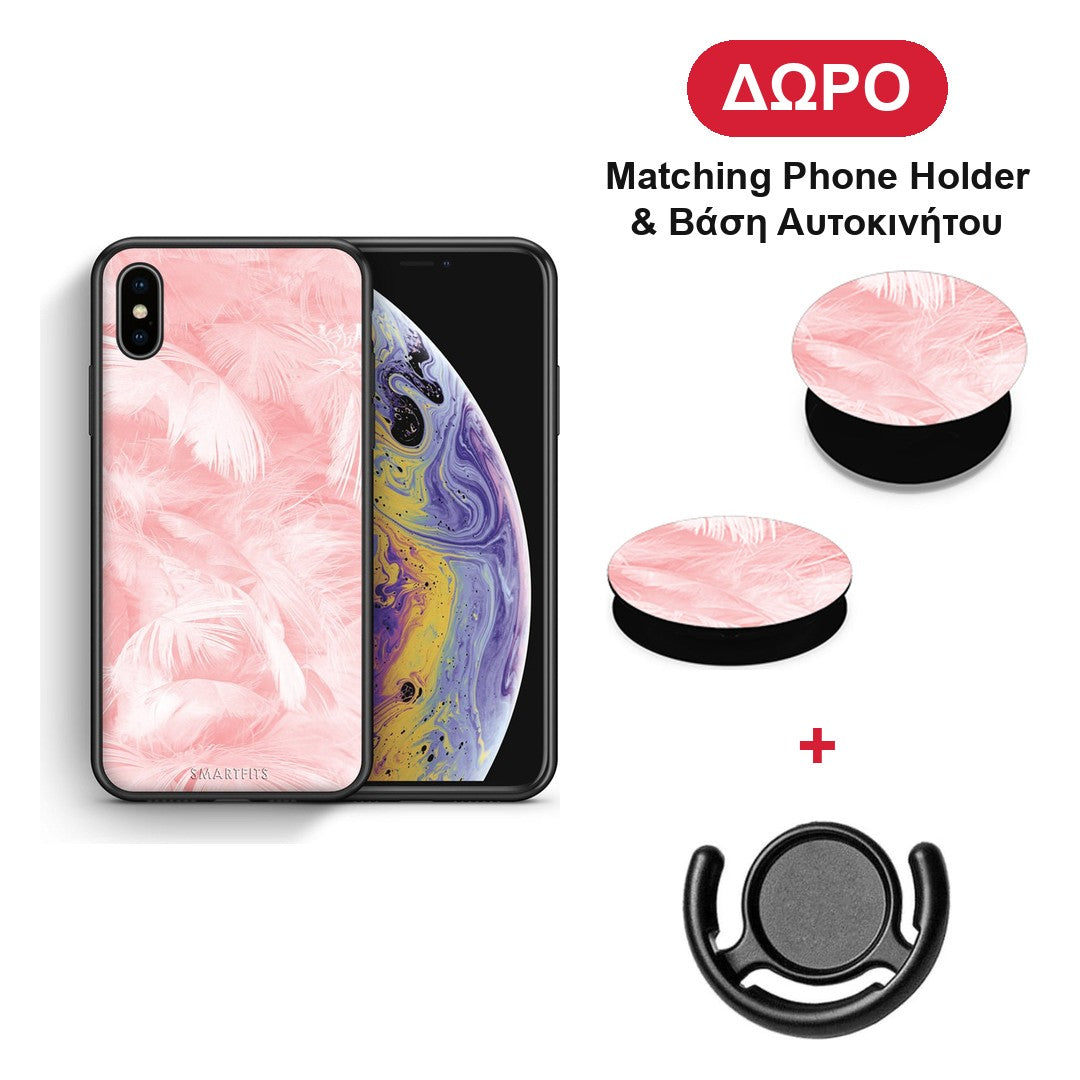 Boho Pink Feather - iPhone X / Xs θήκη + Δώρο Phone Holder & Βάση Αυτοκινήτου