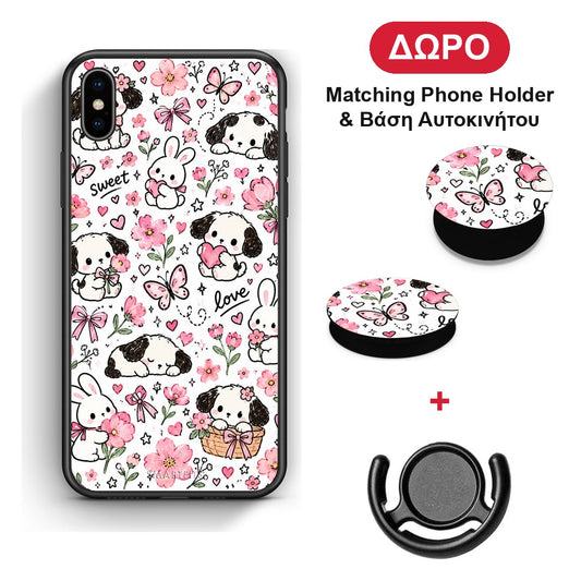 Pink Florals Puppies and Bunnies on White - iPhone X / Xs θήκη + Δώρο Phone Holder & Βάση Αυτοκινήτου