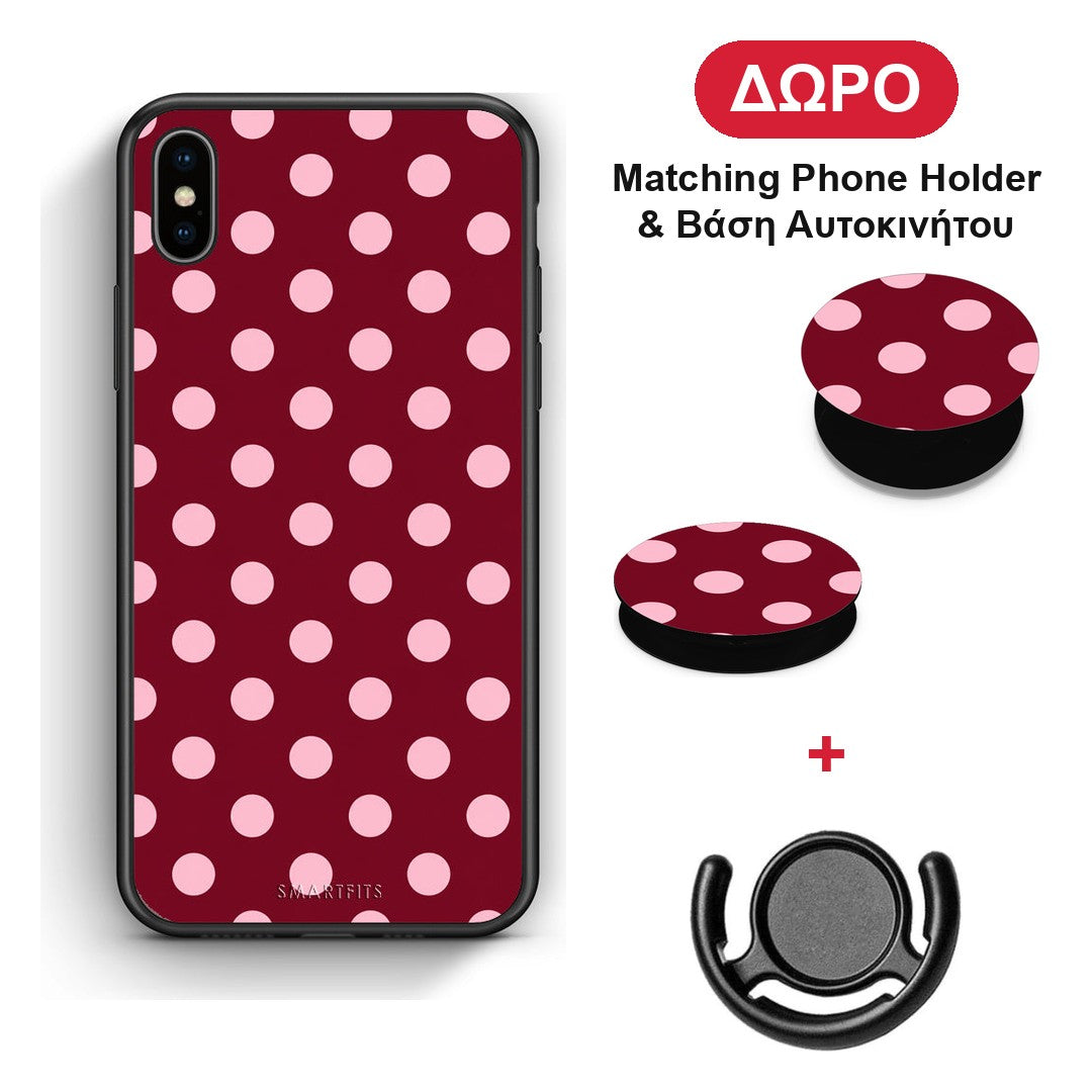 Pink Polka Dots on Burgundy - iPhone X / Xs θήκη + Δώρο Phone Holder & Βάση Αυτοκινήτου