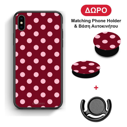 Pink Polka Dots on Burgundy - iPhone X / Xs θήκη + Δώρο Phone Holder & Βάση Αυτοκινήτου