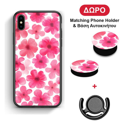 Pink Watercolour Flowers on White - iPhone X / Xs θήκη + Δώρο Phone Holder & Βάση Αυτοκινήτου