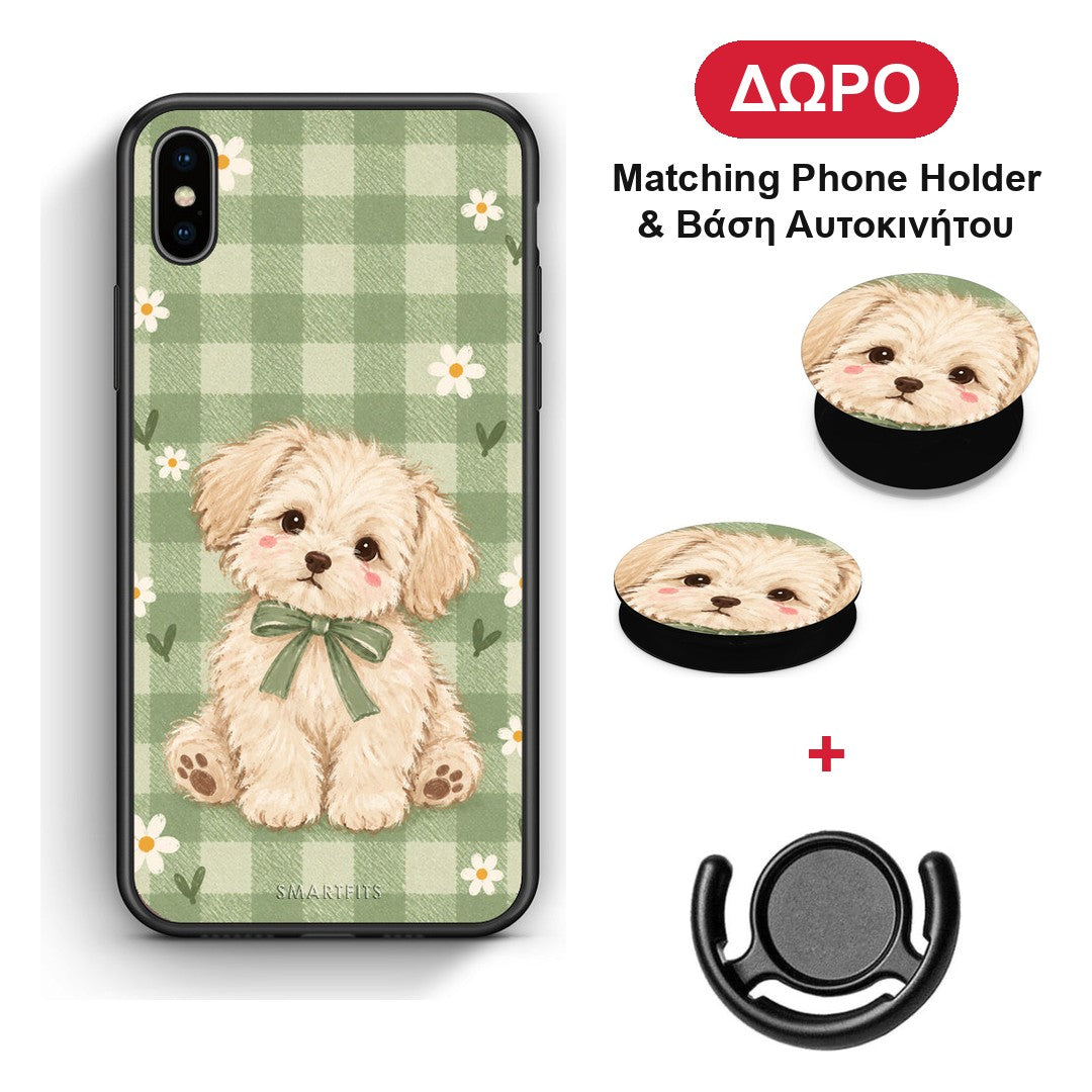 Puppy and Daisies on Sage Gingham - iPhone X / Xs θήκη + Δώρο Phone Holder & Βάση Αυτοκινήτου