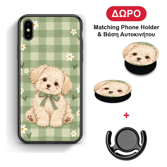 Puppy and Daisies on Sage Gingham - iPhone X / Xs θήκη + Δώρο Phone Holder & Βάση Αυτοκινήτου