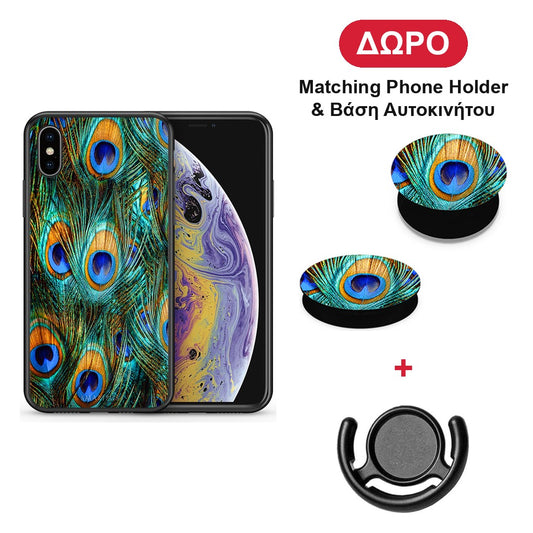 Real Peacock Feathers - iPhone X / Xs θήκη + Δώρο Phone Holder & Βάση Αυτοκινήτου