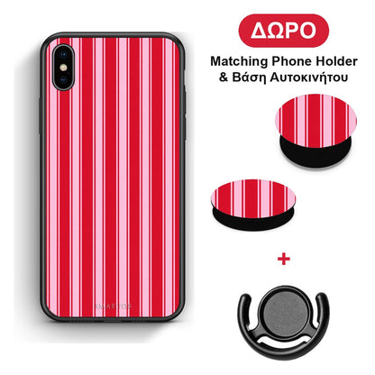 Red and Pink Vertical Pinstripes - iPhone X / Xs θήκη + Δώρο Phone Holder & Βάση Αυτοκινήτου