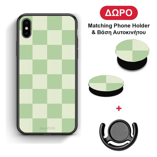 Sage and Cream Striped Checks - iPhone X / Xs θήκη + Δώρο Phone Holder & Βάση Αυτοκινήτου