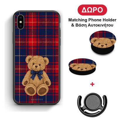 Teddy Bear on Red and Navy Tartan - iPhone X / Xs θήκη + Δώρο Phone Holder & Βάση Αυτοκινήτου