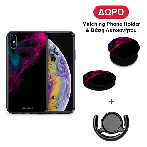 Watercolor Pink Black - iPhone X / Xs θήκη + Δώρο Phone Holder & Βάση Αυτοκινήτου