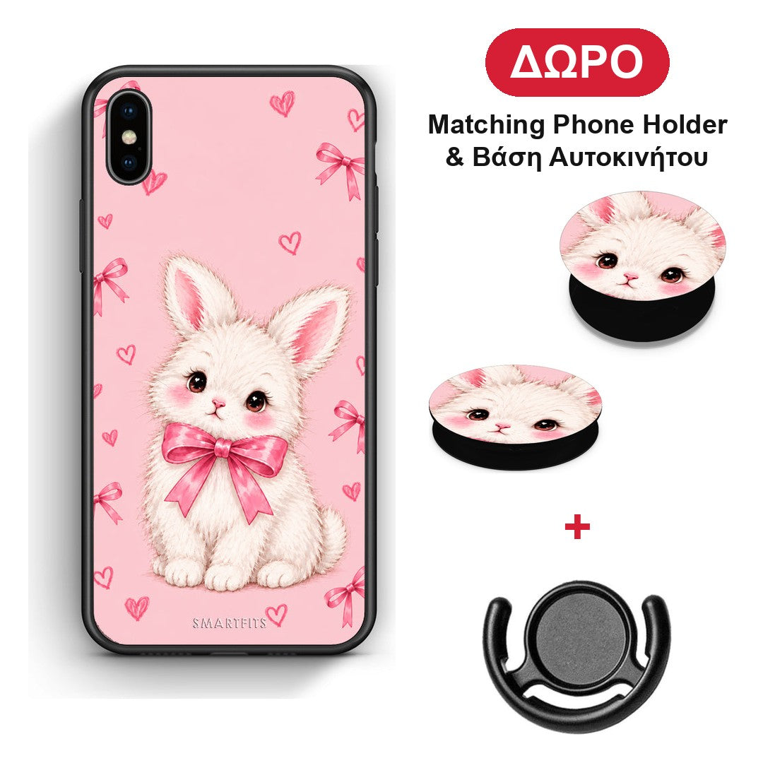 White Bunny and Pink Bows - iPhone X / Xs θήκη + Δώρο Phone Holder & Βάση Αυτοκινήτου