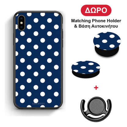 White Large Polka Dots on Navy - iPhone X / Xs θήκη + Δώρο Phone Holder & Βάση Αυτοκινήτου