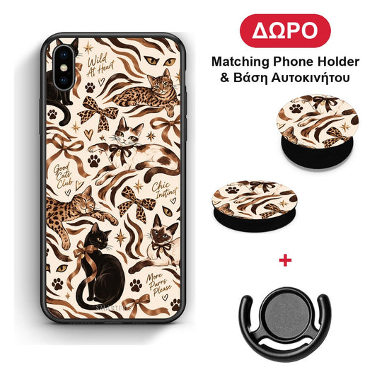Wild Cats and Animal Print Collage - iPhone X / Xs θήκη + Δώρο Phone Holder & Βάση Αυτοκινήτου