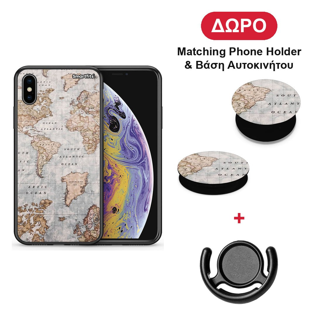 World Map - iPhone X / Xs θήκη + Δώρο Phone Holder & Βάση Αυτοκινήτου