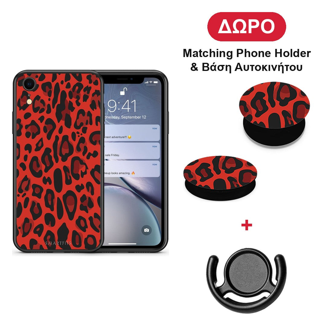 Animal Red Leopard - iPhone XR θήκη + Δώρο Phone Holder & Βάση Αυτοκινήτου