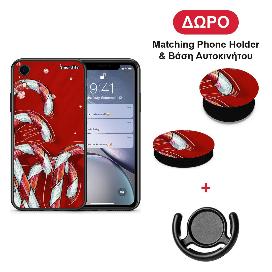 Candy Cane - iPhone XR θήκη + Δώρο Phone Holder & Βάση Αυτοκινήτου