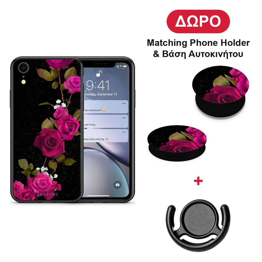 Flower Red Roses - iPhone XR θήκη + Δώρο Phone Holder & Βάση Αυτοκινήτου