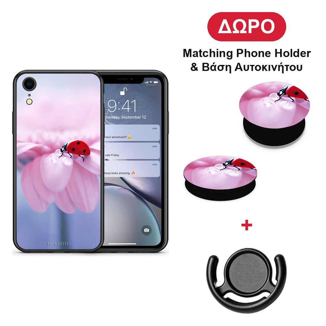 Ladybug Flower - iPhone XR θήκη + Δώρο Phone Holder & Βάση Αυτοκινήτου