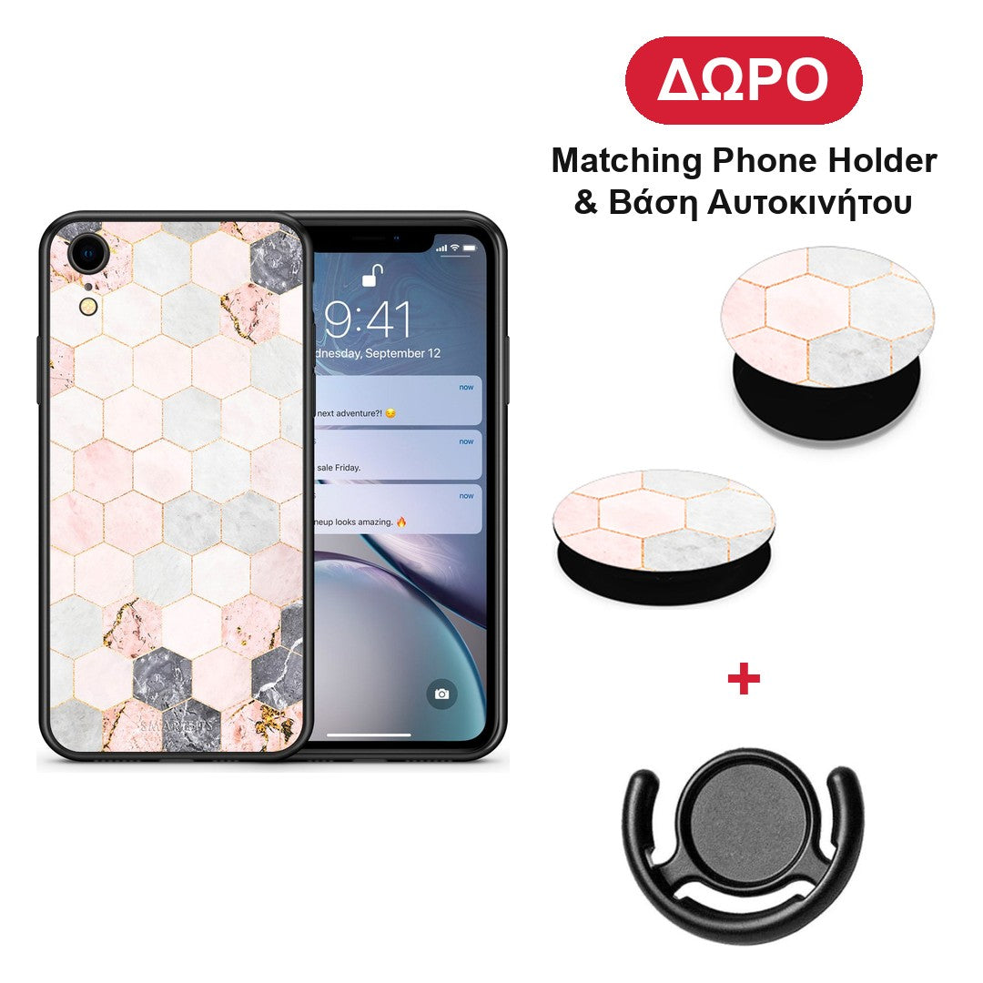 Marble Hexagon Pink - iPhone XR θήκη + Δώρο Phone Holder & Βάση Αυτοκινήτου