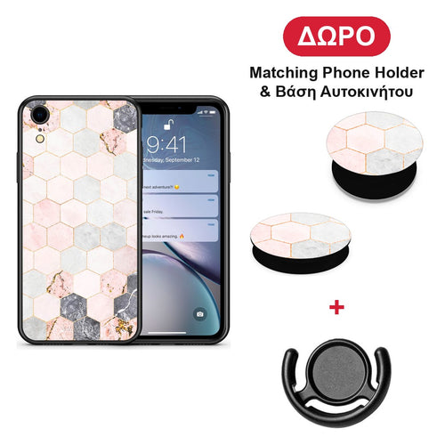 Marble Hexagon Pink - iPhone XR θήκη + Δώρο Phone Holder & Βάση Αυτοκινήτου