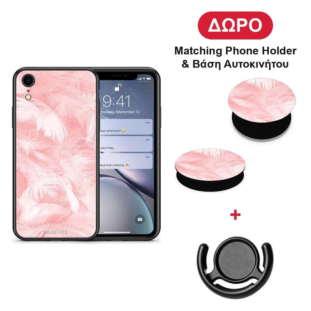 Boho Pink Feather - iPhone XR θήκη + Δώρο Phone Holder & Βάση Αυτοκινήτου